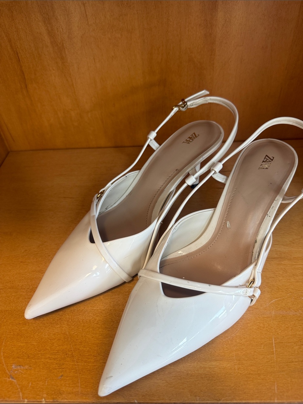 Zara White Patent Pointed Slingback Heels with Cross Strap